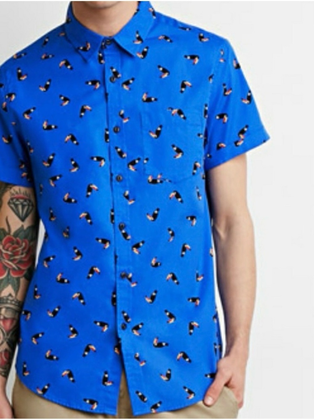 21 Men Blue Toucan Short Sleeve Button Down Shirt